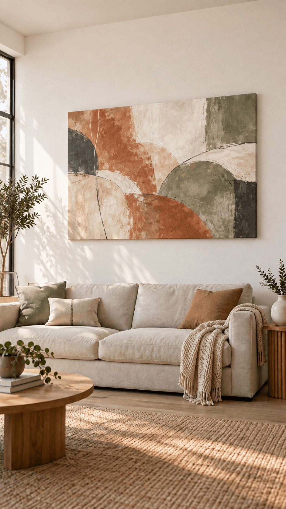 The same living room with a colorful abstract canvas idea above the sofa