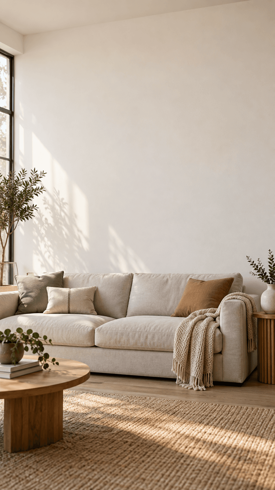 A neutral living room with a blank wall above a sofa